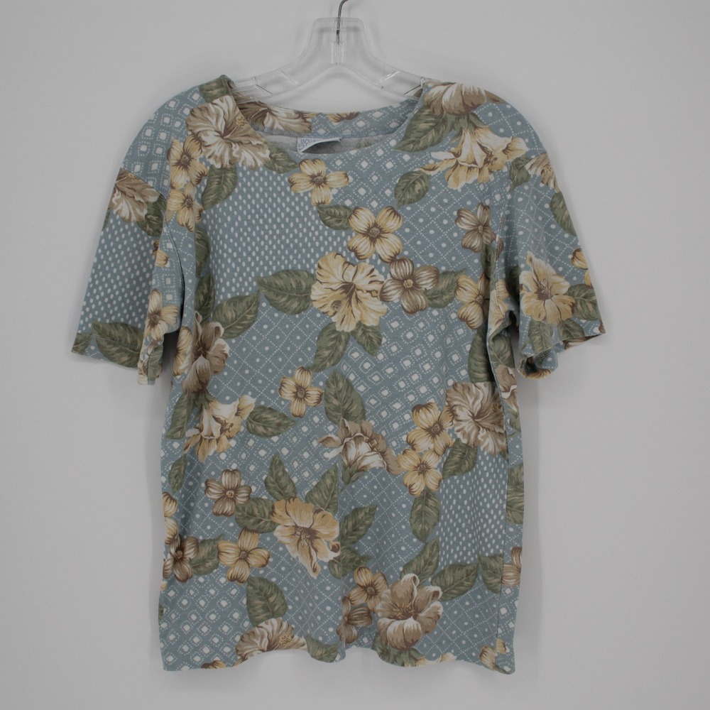 Jaclyn Smith Sport Vintage Women's Blue Floral Polka Dot T-shirt Size M-L‎